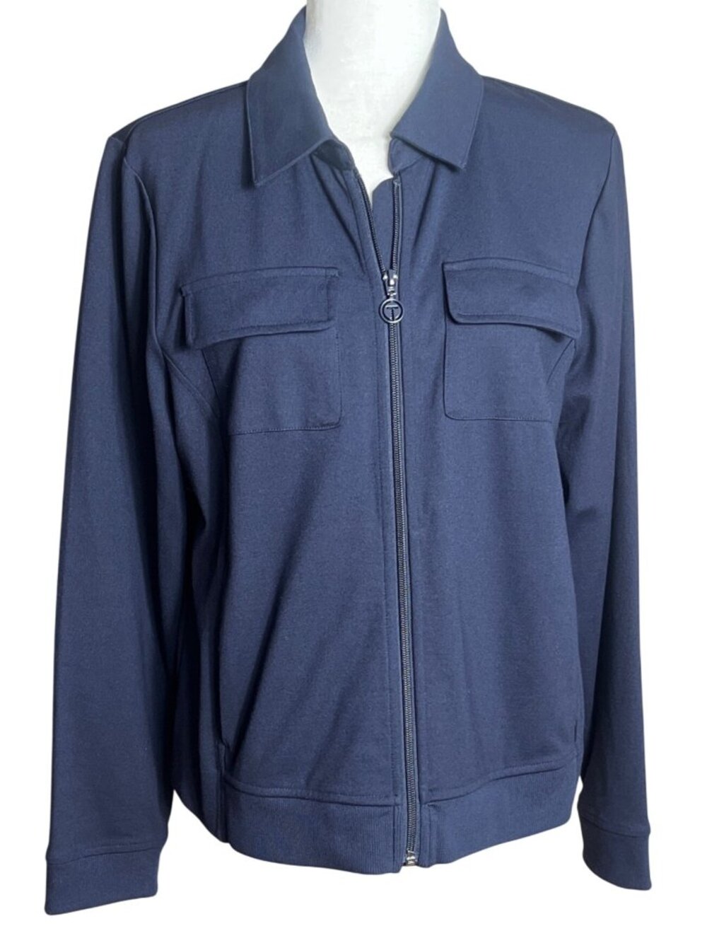 T by Talbots Navy Athleisure Jacket Pockets Elevated Soft Jersey Utility Wom M